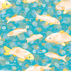 Wavy sealife goldfish koi seamless pattern. With waterplant, wave and fish in tones of blue and green. Modern, graphic, simple style. Perfect for restaurant menue, packaging design, aqua and sea