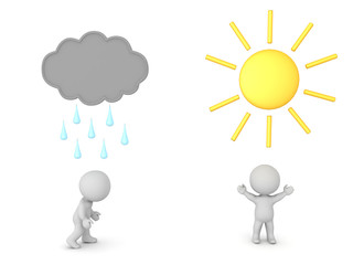 One 3D Character is under raincloud while another in under a sun