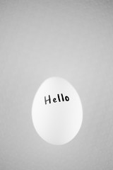 White chicken egg with black inscription hello, bw