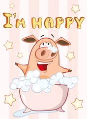 Foto op Plexiglas Happy Birthday Card Little Pig. Vector Greeting Card. Happy Moment. Congratulation © liusa