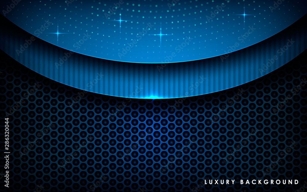 Poster Dark abstract background with blue wave overlap layers. Realistic dimension rectangle shape with golden glitters dots element decoration. 3D Backdrop.