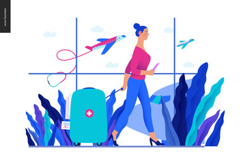 Medical tourism -medical insurance illustration -modern flat vector concept digital illustration -young woman in the airport going to flight departure for the treatment abroad, medical toursm metaphor