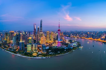 Foto auf Acrylglas Aerial panoramic view of Shanghai skyline at night,China. © ABCDstock