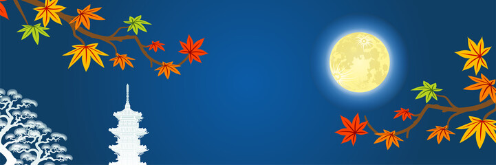 満月と紅葉　塔のシルエット - 十五夜の背景素材
