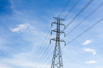 high voltage  tower blue sky background.