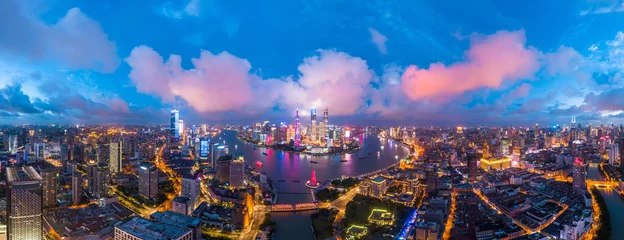 Gordijnen Aerial panoramic view of Shanghai skyline at night,China. © ABCDstock