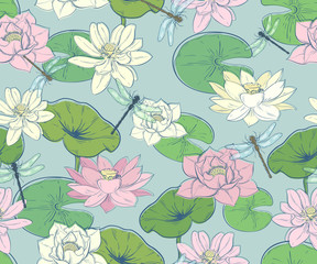 Seamless pattern with lotuses and dragonflies