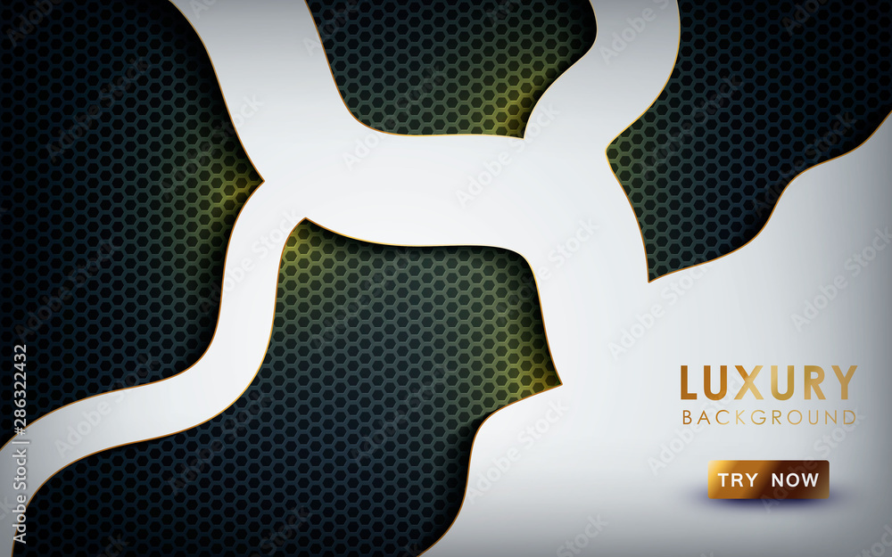 Poster Luxury overlap layers background. Realistic white layers with gold and light effect on textured black hexagon background.