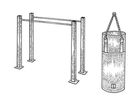 Parallel bars and Punching bag sport equipment sketch engraving vector illustration. Scratch board style imitation. Black and white hand drawn image.
