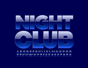 Vector glossy sign Night Club. Blue reflective Font. Modern Uppercase Alphabet Letters and Numbers.