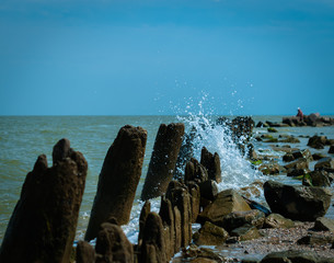 A sea wave with many drops in the sunny summer day