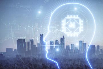 Brain hologram drawing on cityscape background multi exposure. Ai in modern city concept.