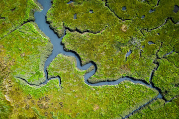 Aerial view of lush coastal wetlands in Wales, UK - obrazy, fototapety, plakaty