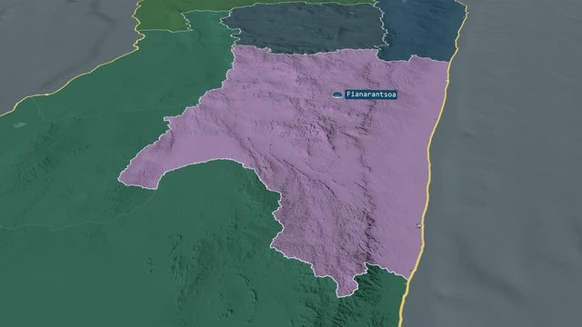 Fianarantsoa - autonomous province of Madagascar with its capital zoomed on the administrative map of the globe. Animation 3D
