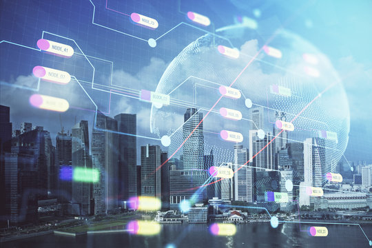 Map and data theme hologram on city view with skyscrapers background double exposure. International technology in business concept.