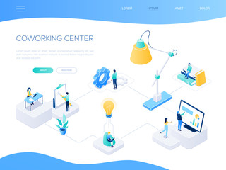 Coworking center - colorful isometric vector web banner