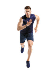Fototapeta premium Running young man on white background