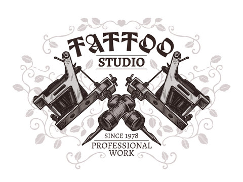 Design of poster for tattoo studio with two crossed tattoo machines in hand drawn engraving style