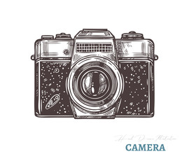 Hand drawn retro or vintage camera. Isolated vector illustration in sketch engraving style