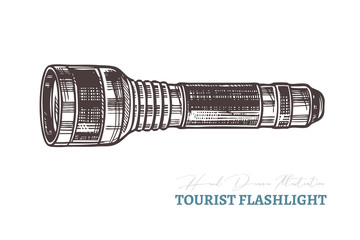 Hand drawn tourist flashlight. Isolated vector illustration in sketch engraving style