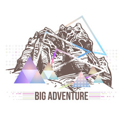 Trendy futuristic color geometric abstract illustration with sketch mountains, planet, galaxy and triangles. Surreal retro art about adventure and explorering