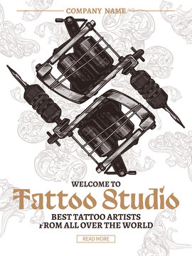 Tattoo studio vintage poster  with typography and tattoo machines in engraving vector style