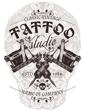 Tattoo studio vintage poster or emblem with typography in engraving vector style