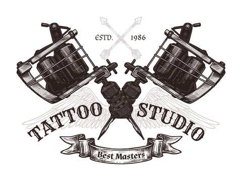 Vintage tattoo studio poster with two crossed tattoo machines. Vector poster in hand drawn sketch style