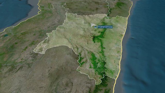 Fianarantsoa - autonomous province of Madagascar with its capital zoomed on the satellite map of the globe. Animation 3D