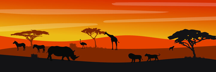 Landscape of African savannah. Animals in wild nature