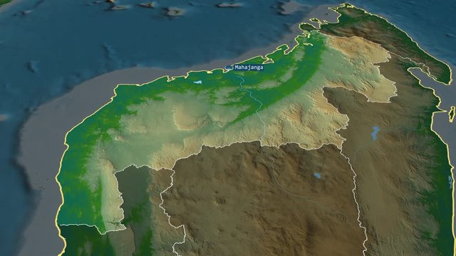 Mahajanga - autonomous province of Madagascar with its capital zoomed on the physical map of the globe. Animation 3D