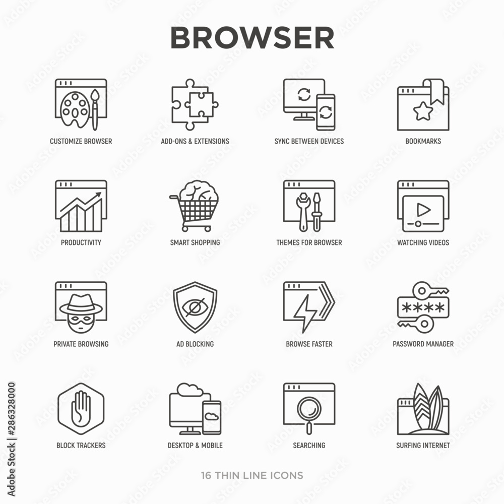 Poster browser thin line icons set: add-ons, extension, customize browser, sync between devices, bookmark, 