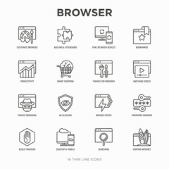Browser thin line icons set: add-ons, extension, customize browser, sync between devices, bookmark, private, ad blocking, password manager, smart shopping, surfing internet. Vector illustration.