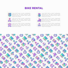Bike rental concept with thin line icons: rates, bicycle tours, pet trailer, padlock, helmet, child seat, sharing, pointer, deposit, mobile app. Modern vector illustration for sport issues.
