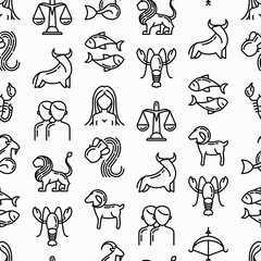 Horoscope seamless pattern with thin line icons. Zodiac signs: capricorn, aquarius, aries, pisces, virgo, libra, scorpio, sagittarius, taurus, gemini, leo. Modern vector illustration.
