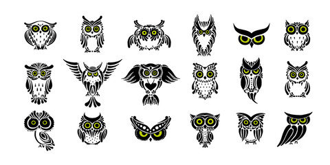 Cute owls collection, black silhouette for your design