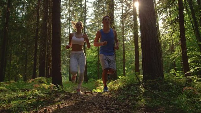 SUN FLARE, SLOW MOTION, LOW ANGLE: Cheerful Caucasian couple training for an off road marathon by jogging in the peaceful spruce forest. Young man and his beautiful girlfriend jogging in the nature.