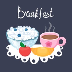 Delicious Breakfast food with cottage cheese and tea cup, croissant and apple. Healthy meal on the tablecloth. Bowl with curd and blueberries. Cartoon flat vector illustration.