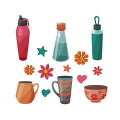 Set of various bottles and cups. Vector illustration.