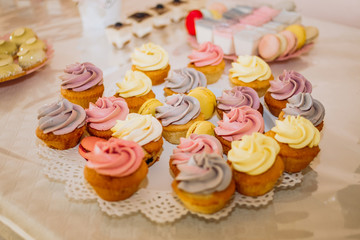Pastel color cakes. Sweet table