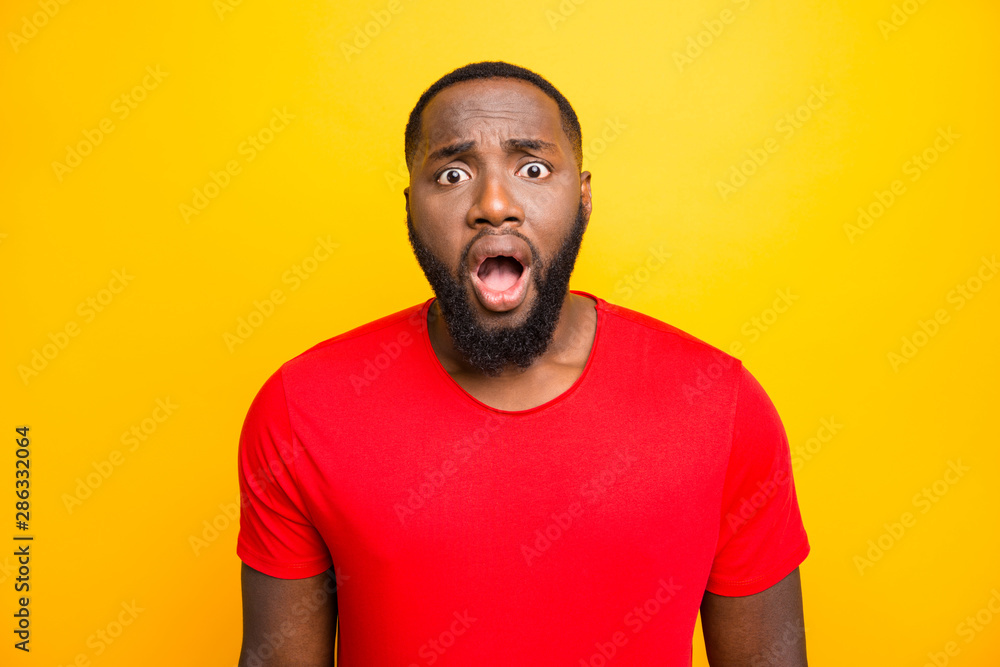 Poster close up photo of casual disappointed man in grief scared of something frightened offended while iso