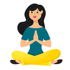 Obraz na płótnie Canvas A young girl sits in a lotus position with her hands clasped in front. Yoga pose. Vector isolate in flat style.