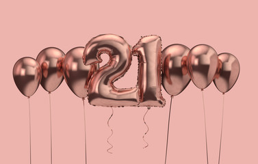 21st birthday pink balloon background. Happy Birthday. 3D Rendering