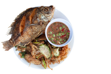 Shrimp Paste Chili Sauce, Fried tilapia and Eggplant wattle omelettes Thai people call Nam Prik Kapi isolated on white background.
