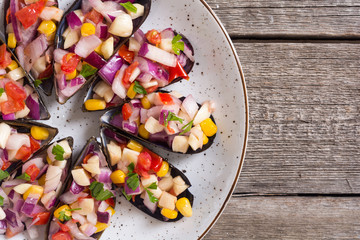 Traditional  Peruvian food background with mussels