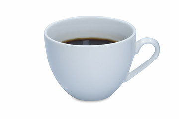 White cup of hot black coffee isolated on white background.