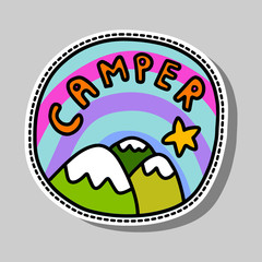 Camper sticker hand drawn illustration in cartoon style. Pin with mountains landscape star rainbow. Lettering