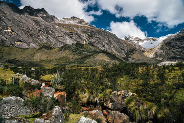 Mountain Landscapes on Santa Cruz Trek in Huscaran National Park in the Cordillera Blanca in Northern Peru 