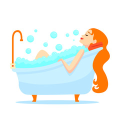 Cartoon Color Character Woman in Bathtub Concept. Vector