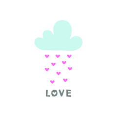 Cloud of love, cute illustration for the children. Blue cloud with falling hearts. Vector illustration for greeting cards, valentines, gift, packaging.